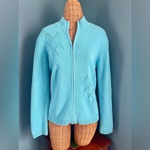 Nordstrom Zip Front Blue Sweater Cardigan Size Large 100% Cotton